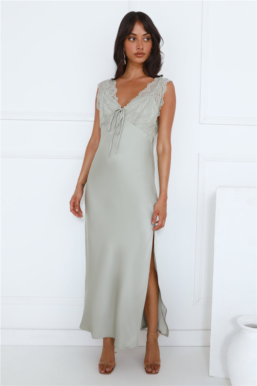 Shop Formal Dress - Gorgeous Vision Satin Lace Maxi Dress Sage third image