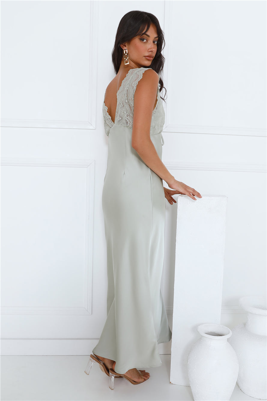 Shop Formal Dress - Gorgeous Vision Satin Lace Maxi Dress Sage fifth image