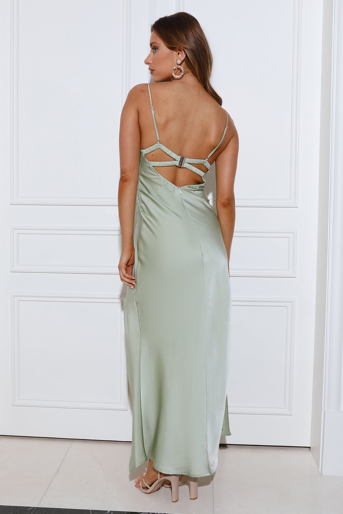 Shop Formal Dress - Refined Elegance Satin Maxi Dress Sage third image