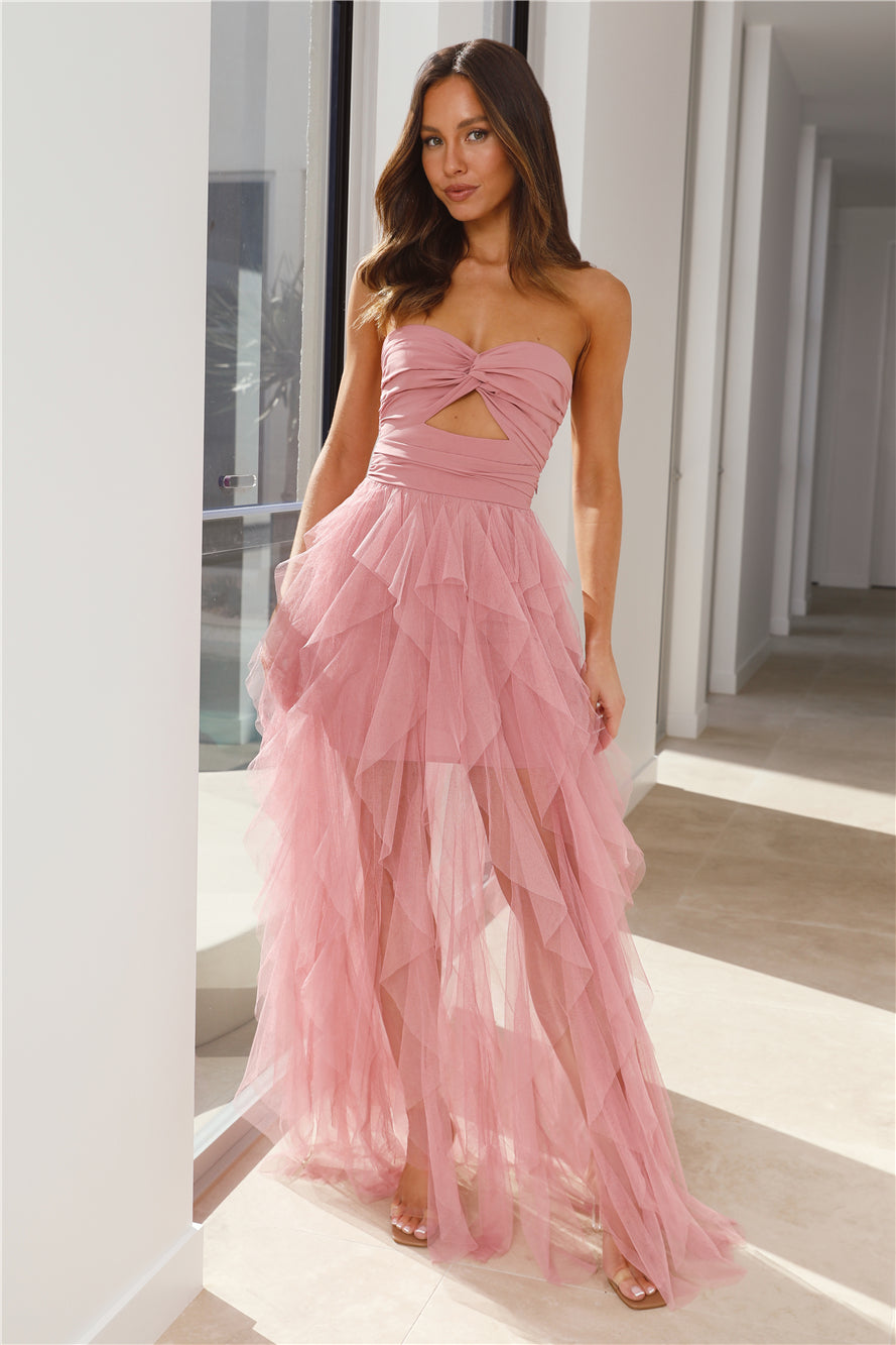 Shop Formal Dress - In Her Fairytale Tulle Strapless Maxi Dress Pink third image