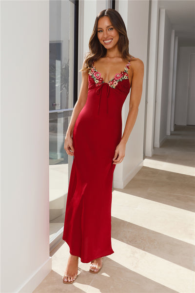 Flower Passion Satin Maxi Dress Red