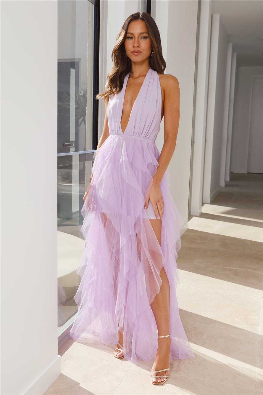 Shop Formal Dress - Into The Middle Tulle Halter Maxi Dress Lilac third image