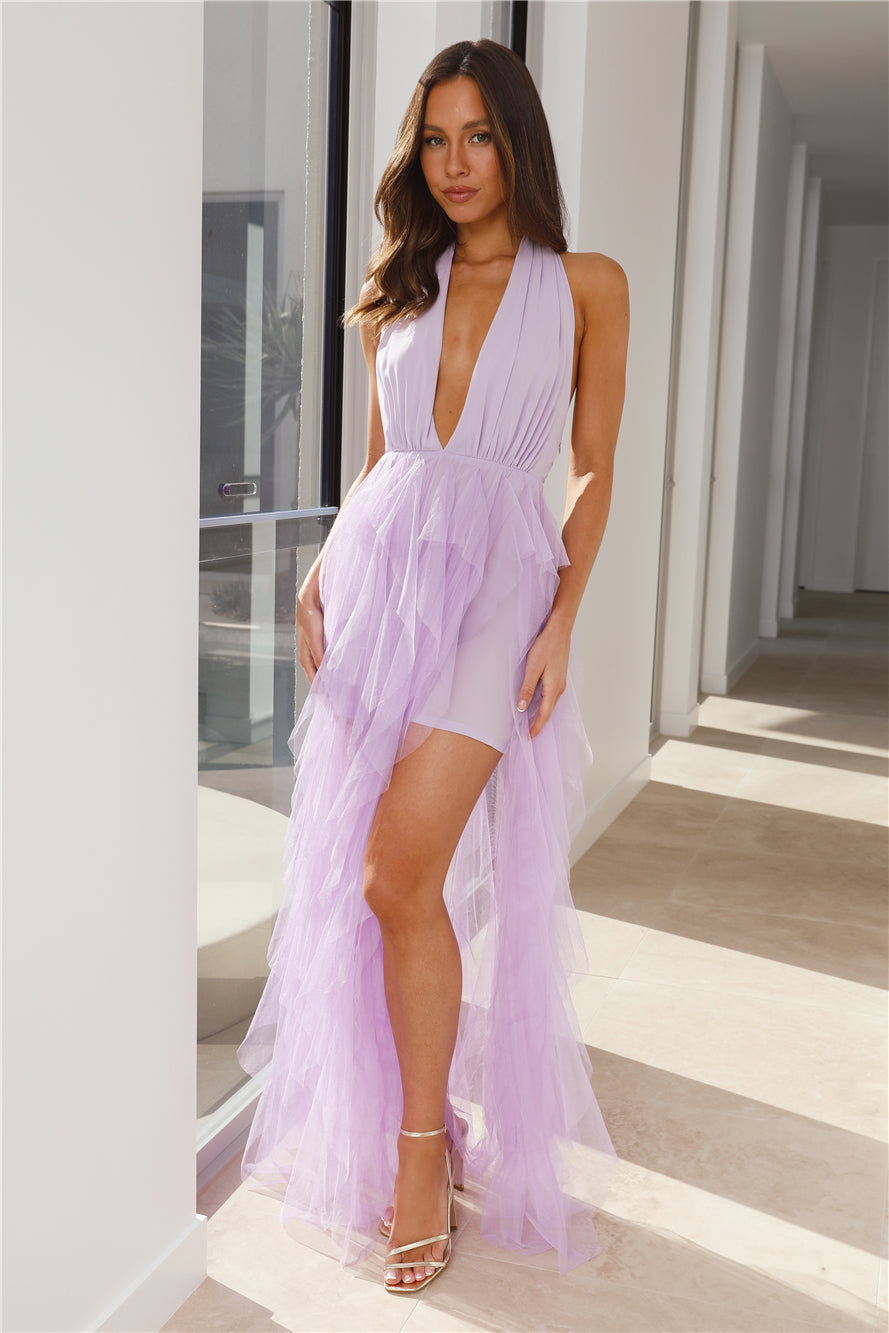 Shop Formal Dress - Into The Middle Tulle Halter Maxi Dress Lilac fifth image
