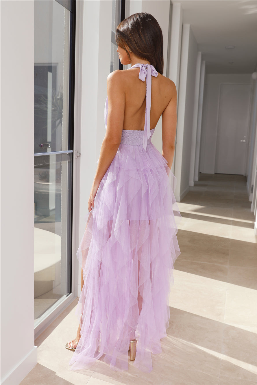 Shop Formal Dress - Into The Middle Tulle Halter Maxi Dress Lilac sixth image