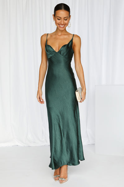 No Cloudy Skies Satin Maxi Dress Forest Green