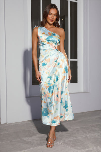 Ticket To Style One Shoulder Satin Maxi Dress Blue