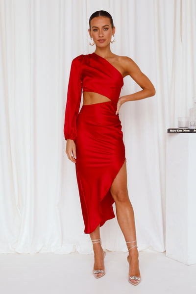 Secret To Tell Satin Midi Dress Red