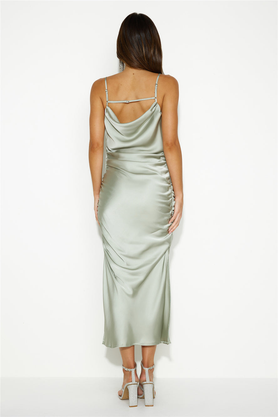 Shop Formal Dress - Keep Shining Satin Midi Dress Sage fourth image