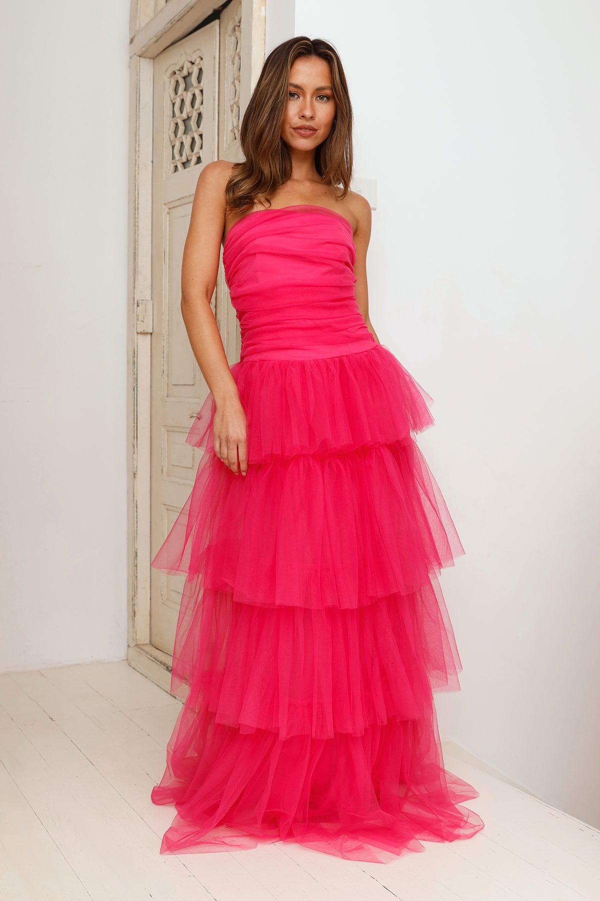 Shop Formal Dress - Hidden Opal Strapless Tulle Maxi Dress Hot Pink fourth image