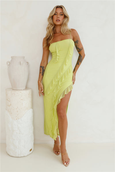 Gleaming Days Mesh Frill Maxi Dress Lime