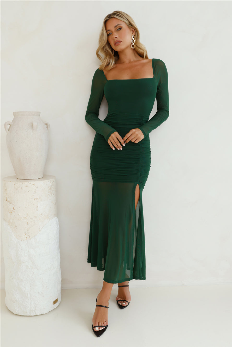 Shop Formal Dress - Grand Gesture Long Sleeve Mesh Maxi Dress Green fourth image